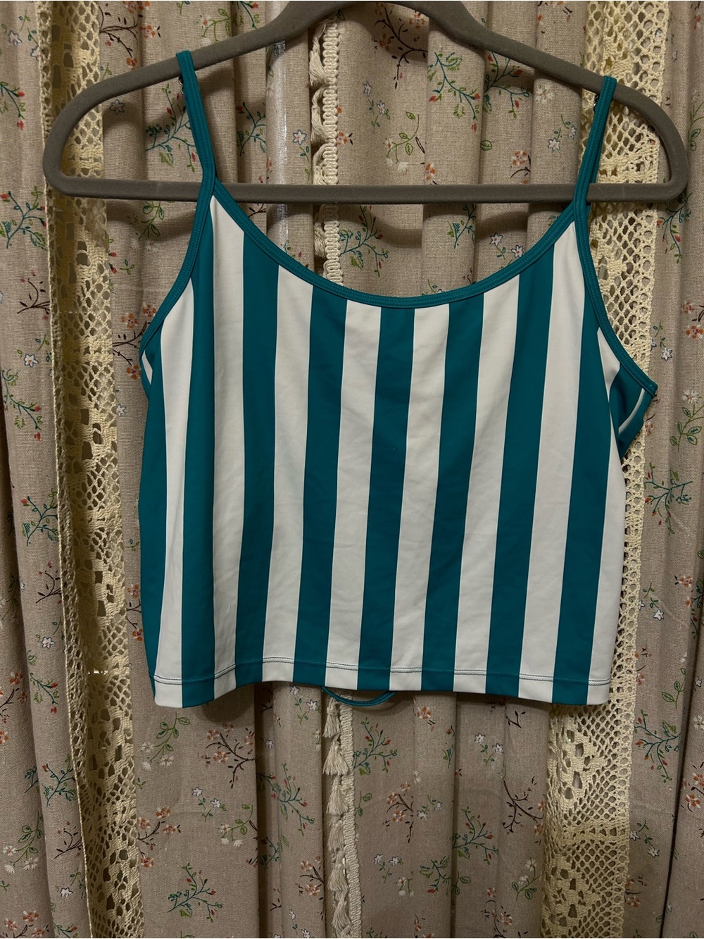 Kortni Jeane Striped Swim Tankini Top 2XL Teal White Strappy Back